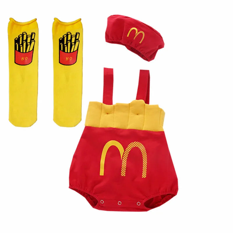 0-3T Ins Baby Romper with Hat Boys Girls French Fries Onesie M Cartoon Newborn Infants Cotton Clothes Baby's Photography Outfit
