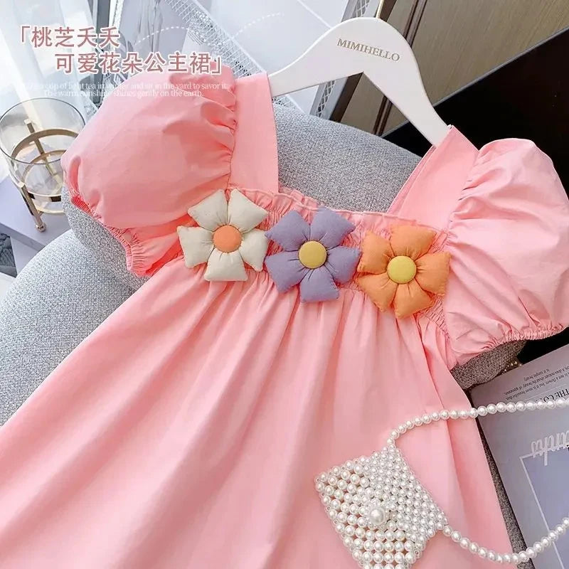 Girls Princess Dress Summer Baby Puff Sleeves Elegant Dress Children Flowers Frock Kids Birthday Party Clothing 1-9 Years Old