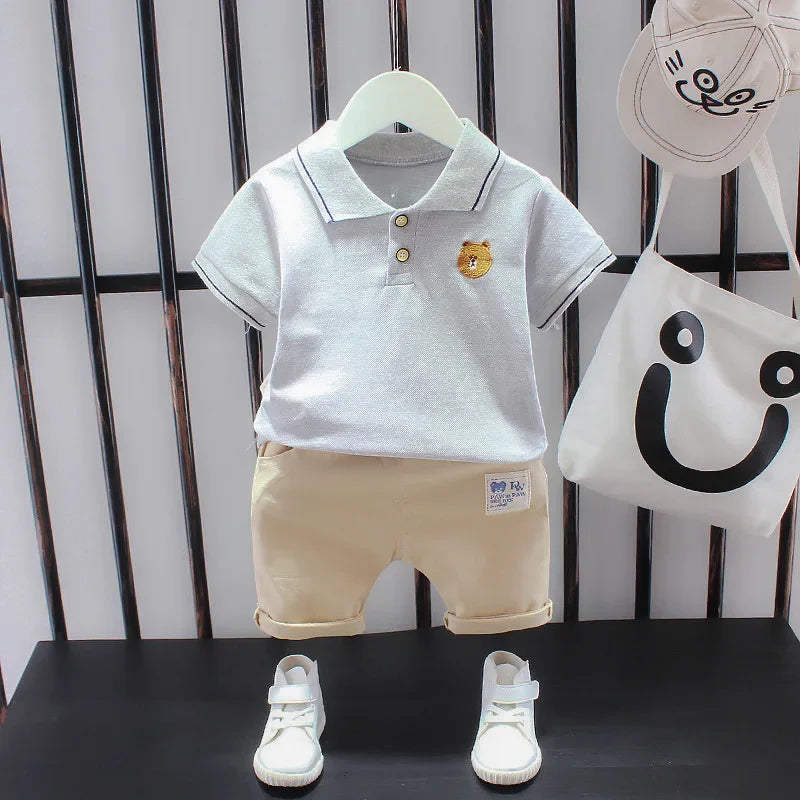 New Summer Outfits Baby Boys 9 To 12 Months Dinosaur Printed Turn-down Collar T-shirts Tops and Shorts 2PCS Infant Clothing Sets