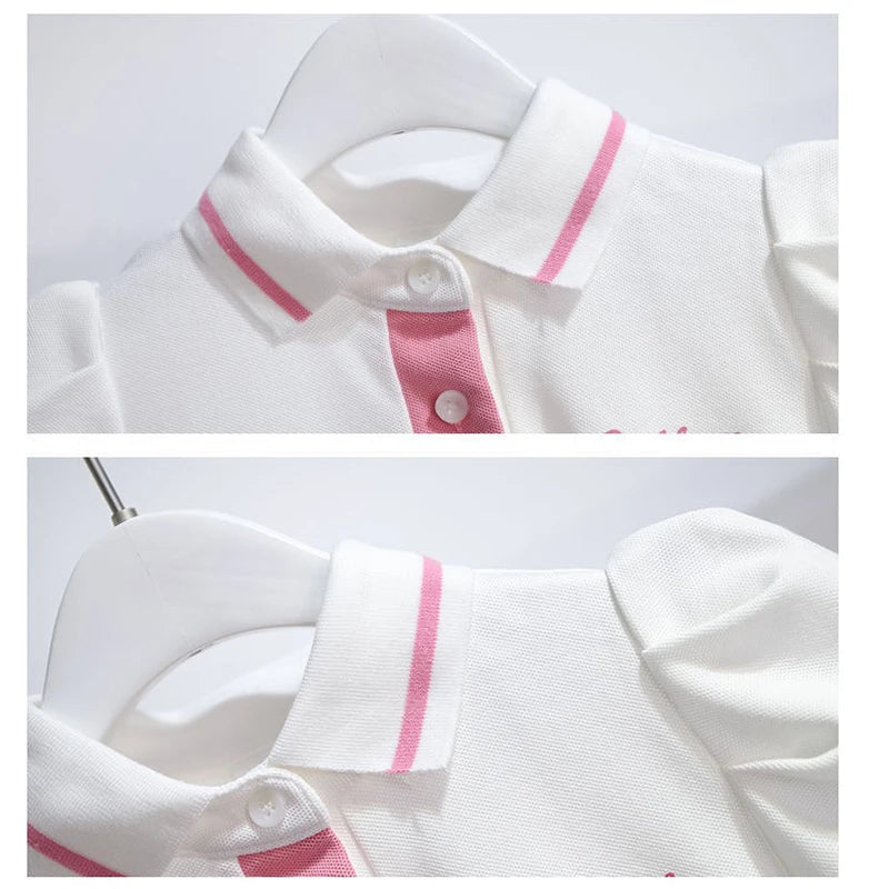 1pcs Summer Children's Dress Girl's Korean Edition Bubble Sleeves Flip Collar Dress Kids Princess Dress Baby Sweet Pleated Skirt