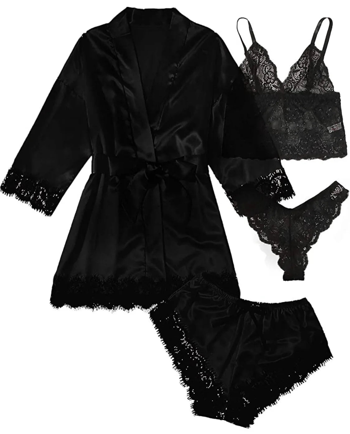 New Women's Sleepwear Set For Summer, A 4-piece Lace Camisole Home Outfit With A Robe, A Sexy V-neck Tie-sleeve Nightdress