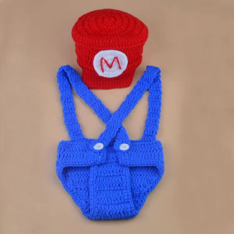Super Bros Crochet Newborn Baby Photo Props Infant Beanie Hat&amp;Diaper Cover Set Knitted Cartoon Boy Photo Costume H252