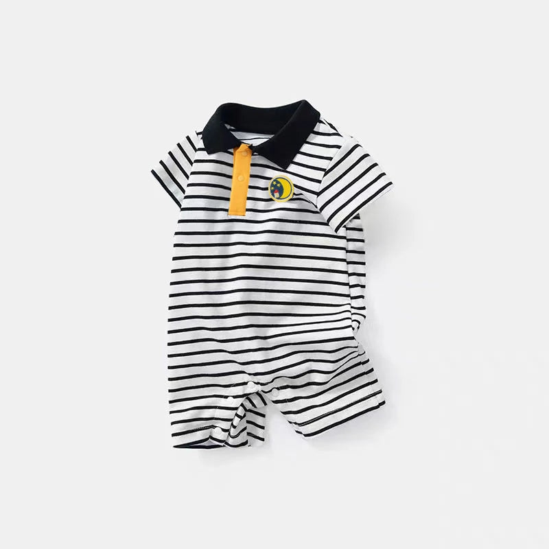 Baby boy preppy style jumpsuit striped jumpsuit summer newborn baby clothes summer handsome and stylish thin pure cotton short-