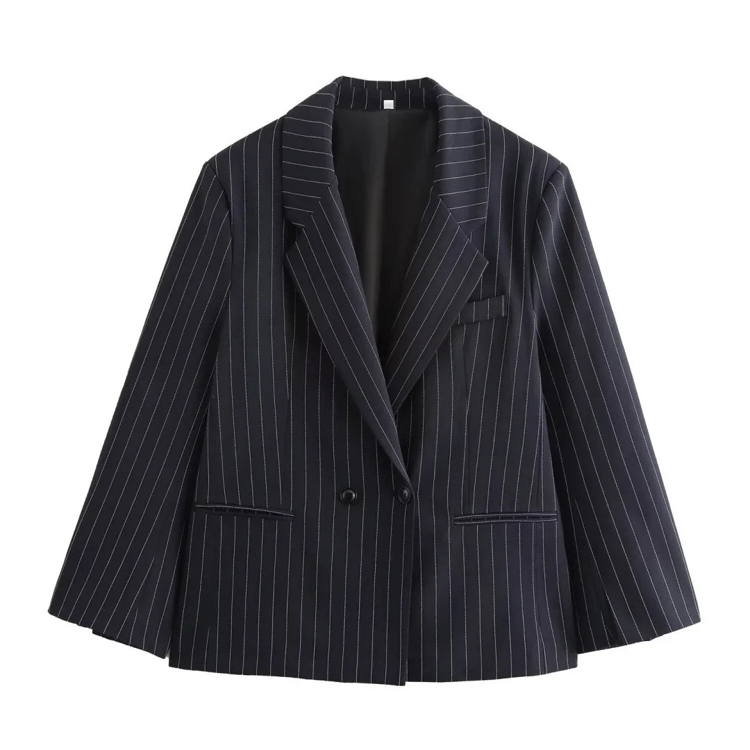 BM&amp;MD&amp;ZA 2024 Winter New Women's Casual Western Style Fine Striped Loose Long Sleeve Versatile Suit Coat