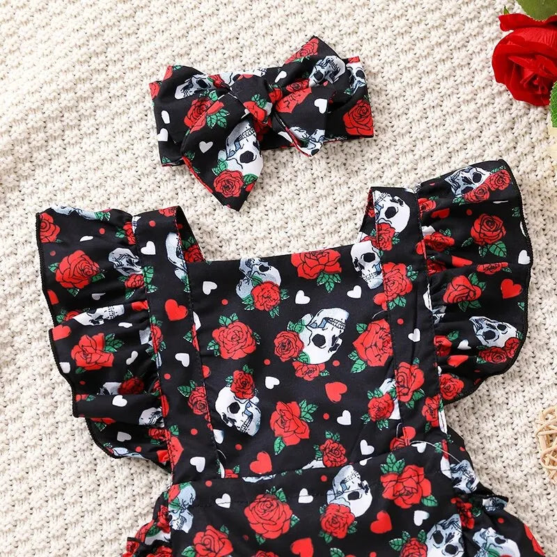 Summer Newborn Baby Clothes Pink Skull Pumpkin Sweetheart Flying Sleeves Triangle Romper Jumpsuit