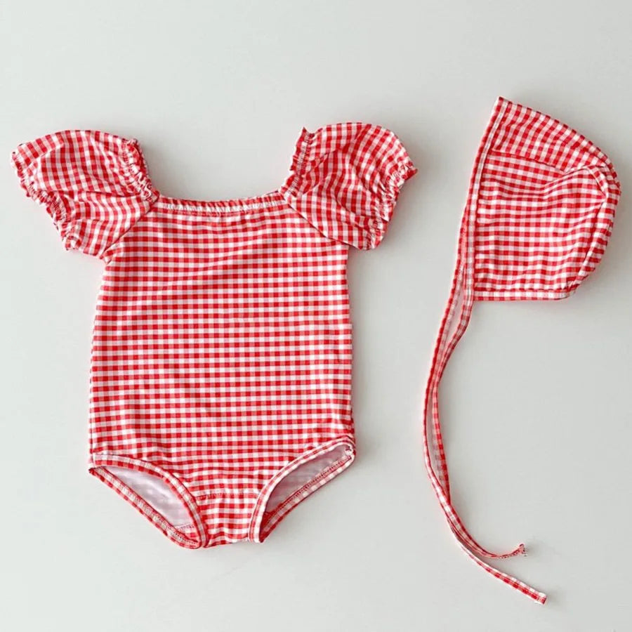 Baby Girl Long Sleeve Sunscreen Swimsuit 0-3 Years 2025 Summer New Newborn Bodysuit Toddler Girls Heart Print One Piece + Hat