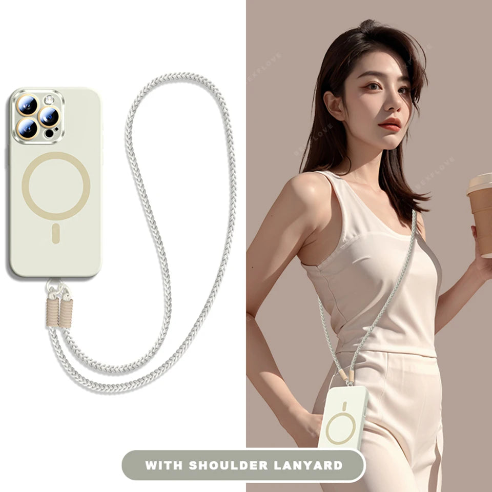 Lanyard Magnetic Phone Case For iPhone 15 14 16 Plus 11 12 13 16 Pro Max Magsafe Liquid Silicone Strap Charge Protector Cover
