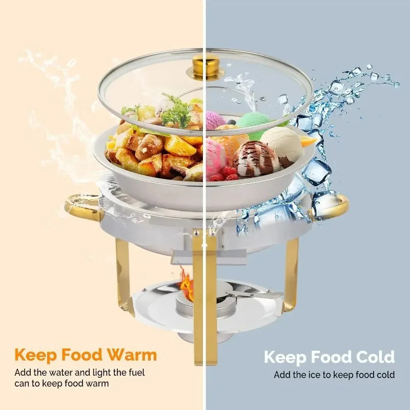 Dish Buffet Set Gold Accent Round NSF Stainless Steel Warmer Glass Lid Holder Catering Event Party