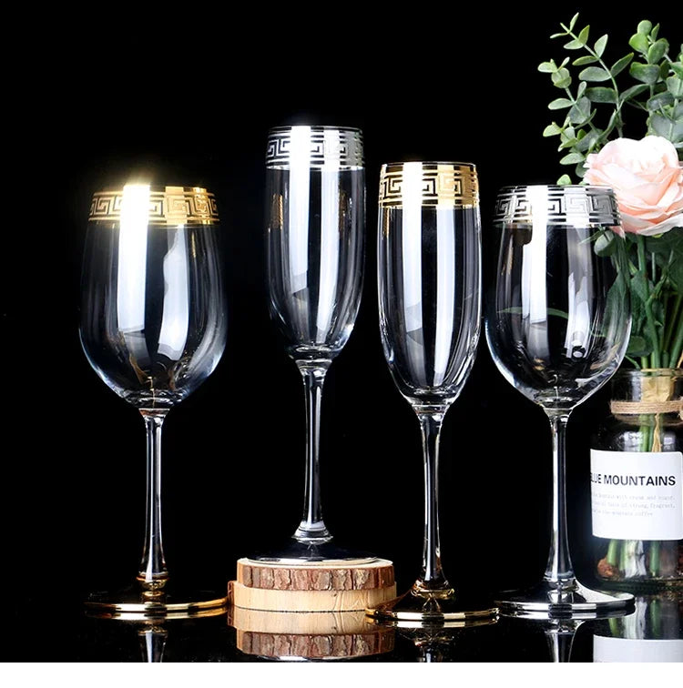Phnom Penh Silver Edge European Glass Brandy Champagne Tall Foreign Crystal Red Wine Dining Table Household Water Glass