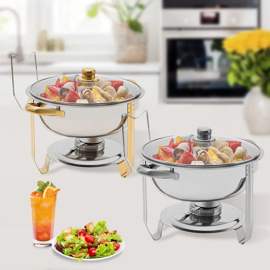 Stainless Steel Chafing Dish Buffet Set, 5L Desktop Round Stove with Food Tray Water Tray and Clear Lid, Chic Home Accessories