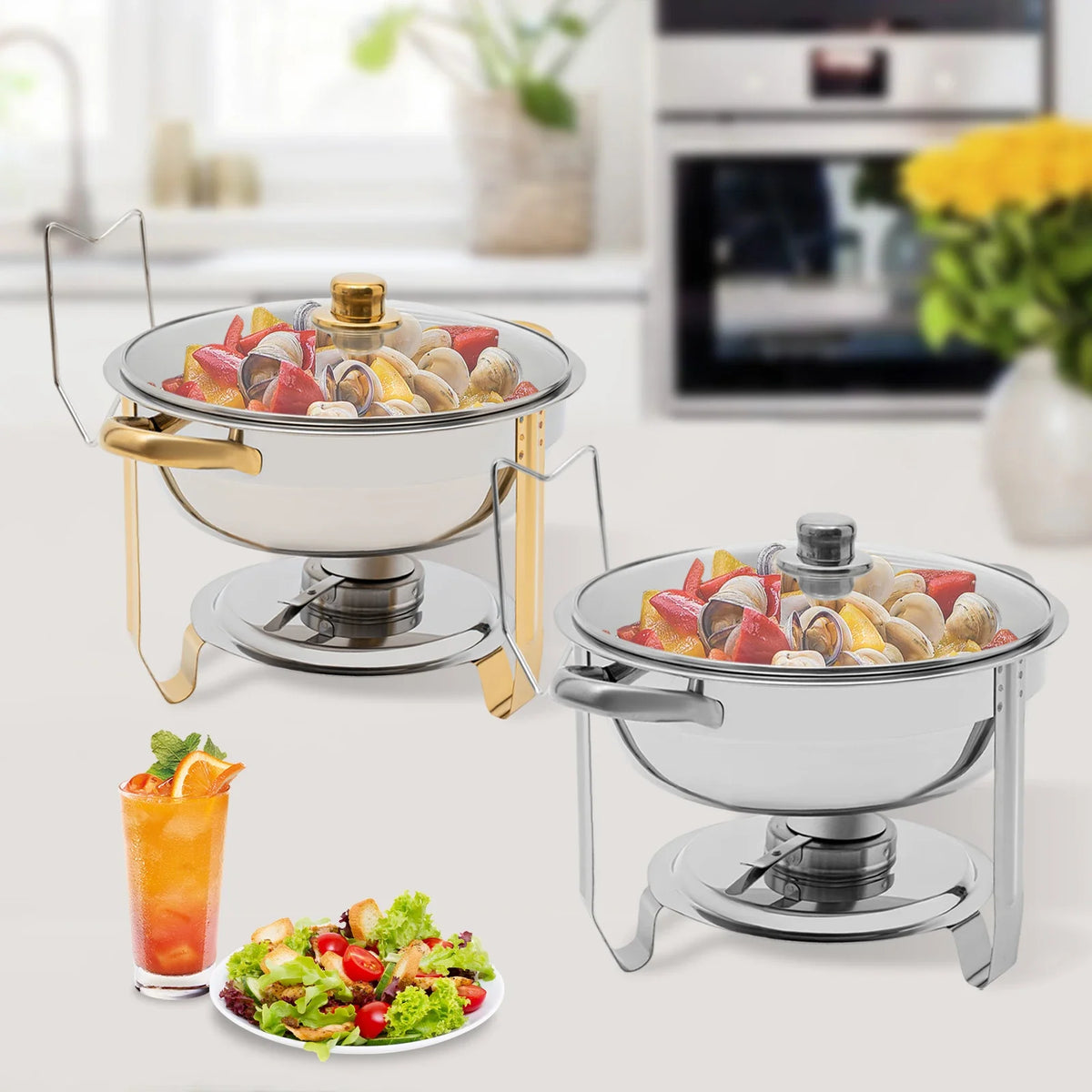 Stainless Steel Chafing Dish Buffet Set, 5L Desktop Round Stove with Food Tray Water Tray and Clear Lid, Chic Home Accessories