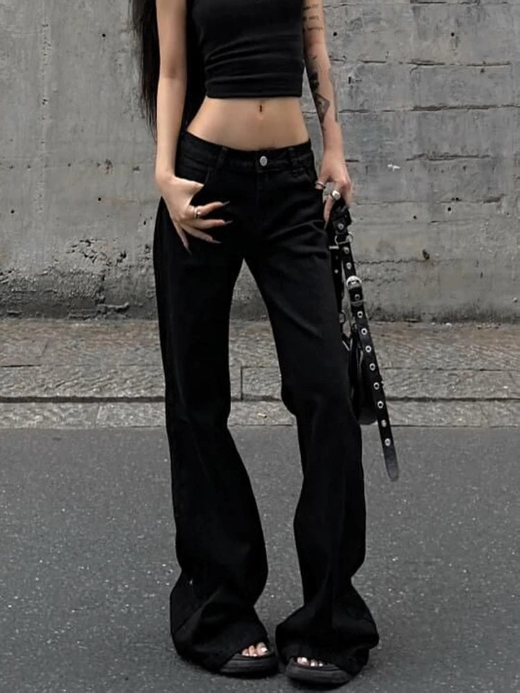 2025 Autumn Winter Women's Flared Denim Pants Y2k Low Rise Jeans Trumpet Pants Bell Bottom 2000s Slim Black Stacked Jeans New In