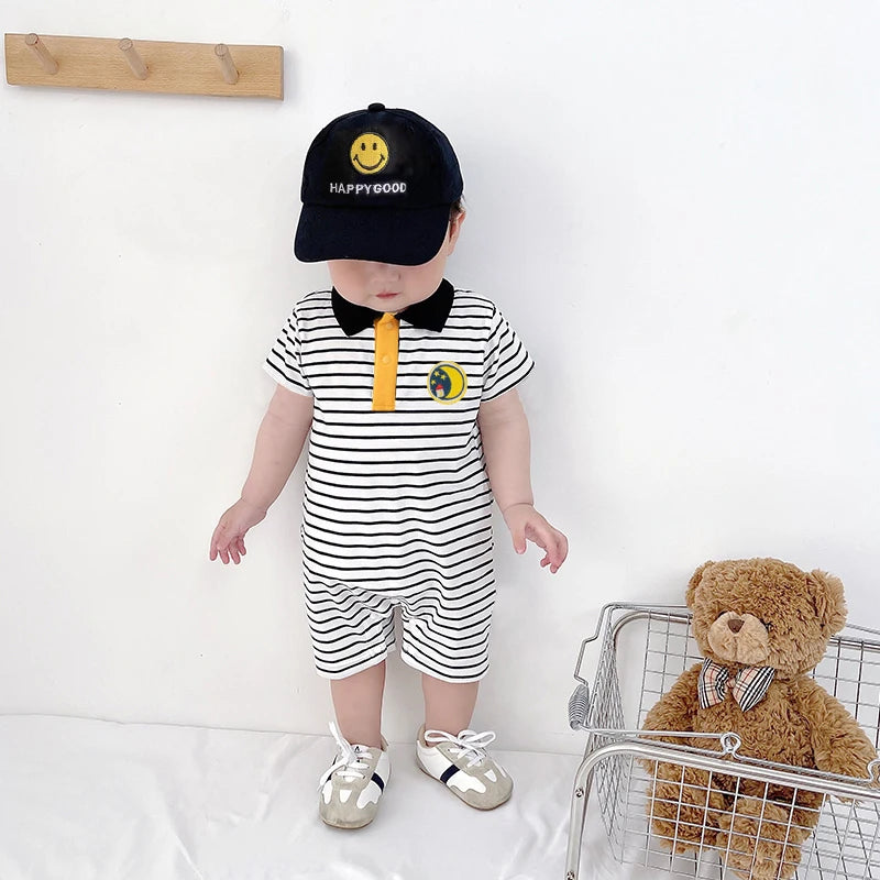 Baby boy preppy style jumpsuit striped jumpsuit summer newborn baby clothes summer handsome and stylish thin pure cotton short-
