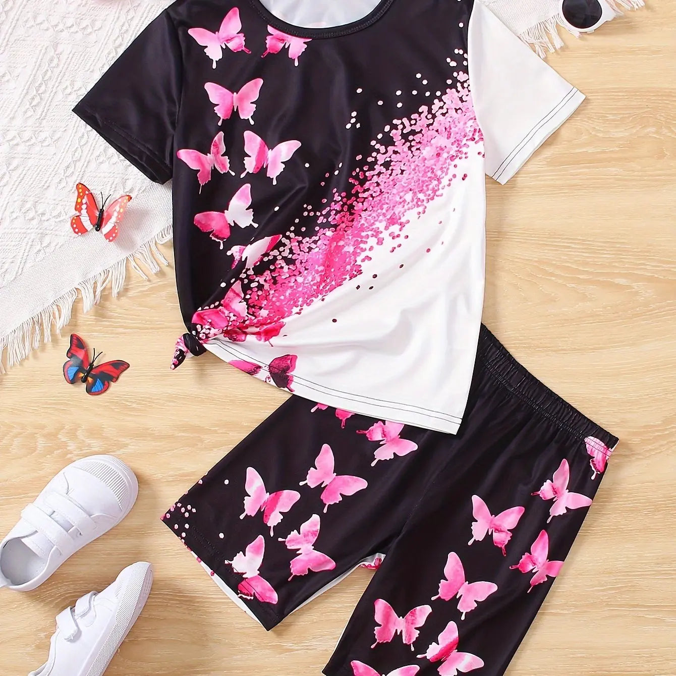 Children's Clothing Set for Girls Short Sleeve Girl Shorts 3D Butterfly Print Casual Girls Summer Clothes Pink Children's Sets