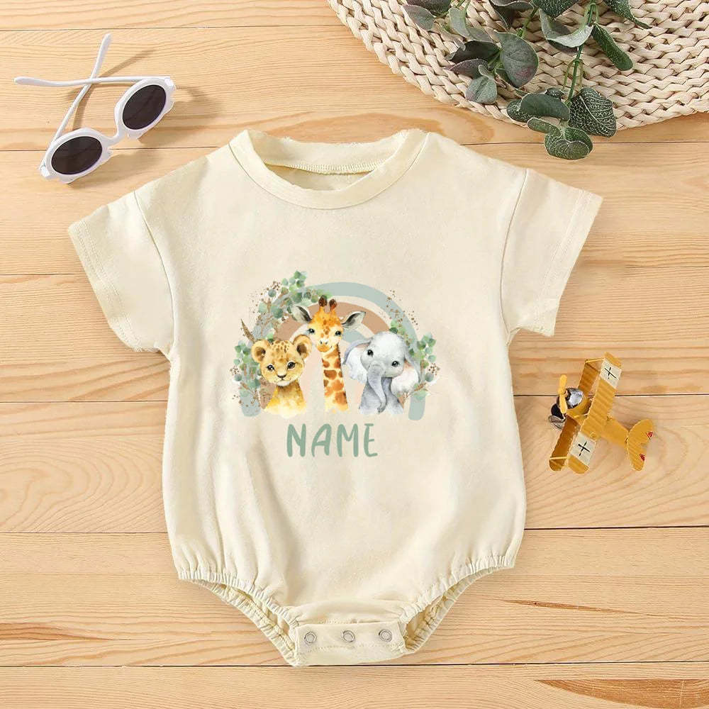 Personalized Rainbow with Name Bubble Romper Infant Jungle Birthday Party Clothes Baby Oversized Bodysuit Cute Wild One Jumpsuit