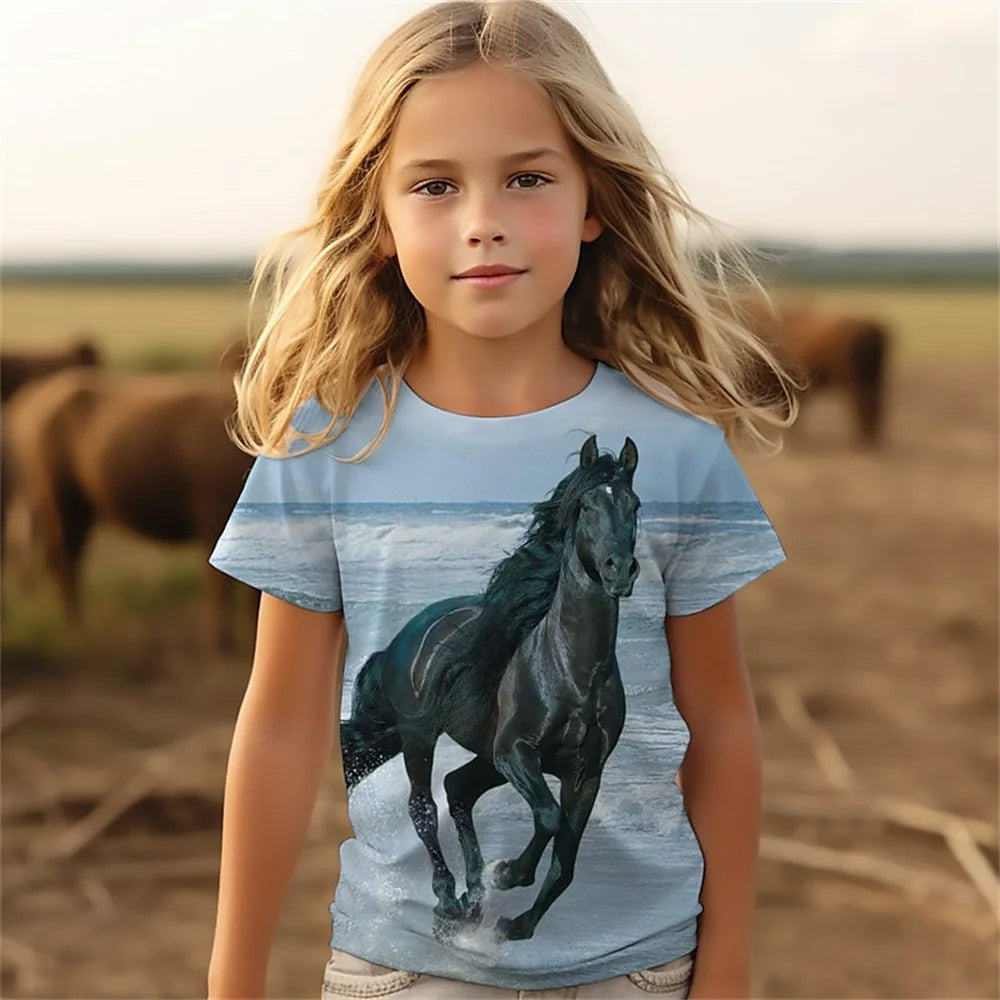 Female Child Clothes 3D Print Cartoon Animal Horse Girl T Shirts Kawaii Girl Summer Outdoor Comforts Short Sleeves Girl T-Shirt