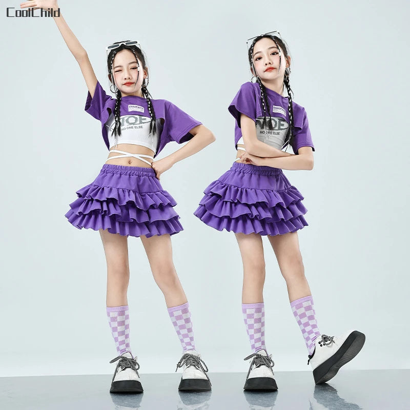 Girls Cute Summer Streetwear Children Hip Hop Crop Top Purple Tiered Skirts Clothes Sets Kids Teens Street Dance Jazz Costumes
