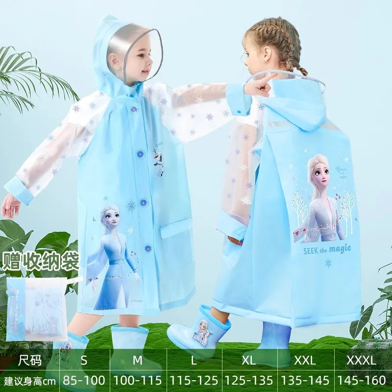 Disney Kids Raincoat Waterproof Children Elsa Spider-Man Rain Poncho Rain Coat Jacket with Backpack Student Rainwear