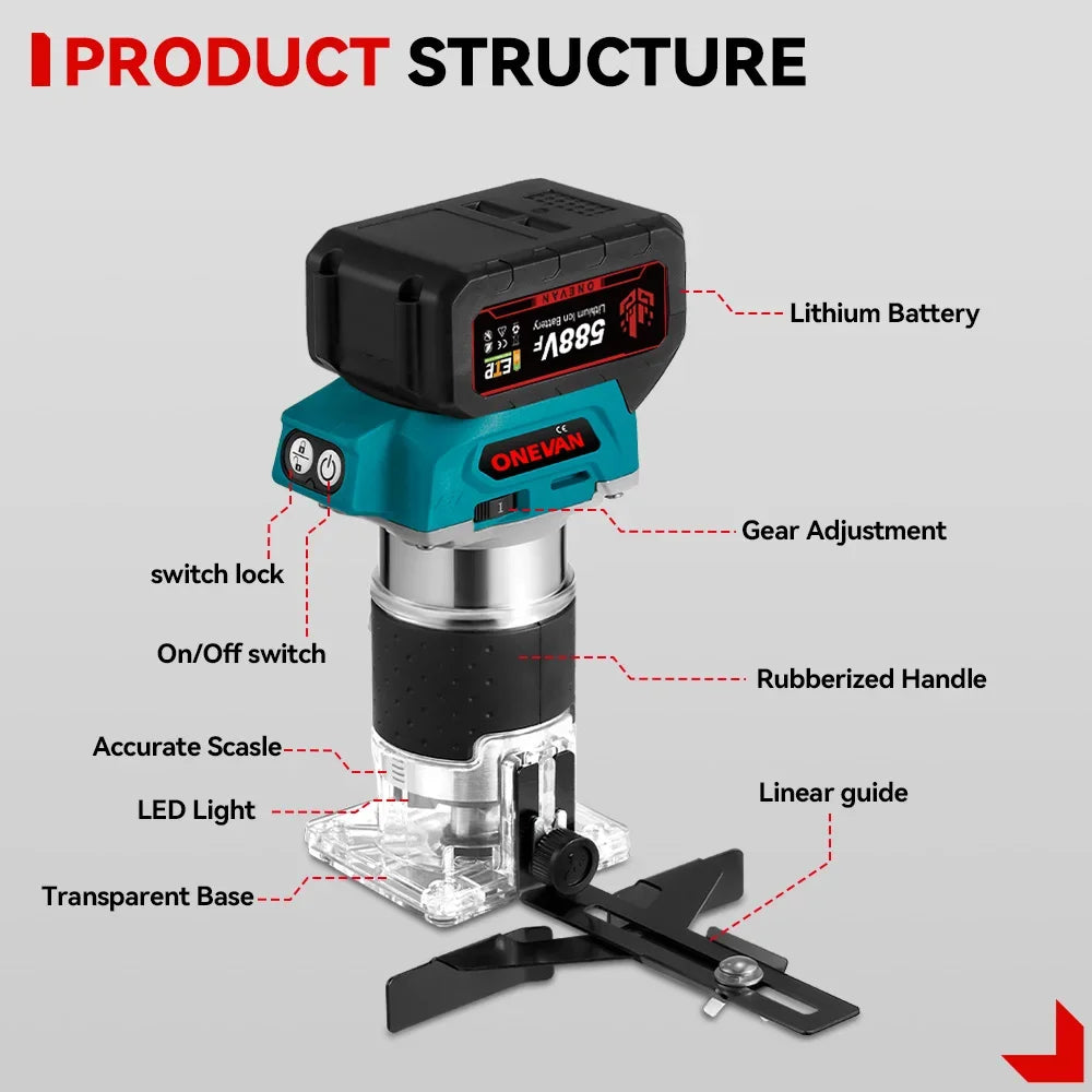 1600W Brushless Electric Hand Trimmer 5 Speeds Cordless Engraving Slotting Milling Woodworking Router For Makita 18V Battery Pin