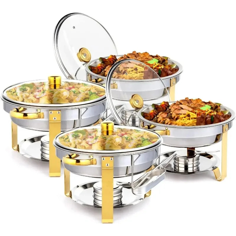 Dish Buffet Set Gold Accent Round NSF Stainless Steel Warmer Glass Lid Holder Catering Event Party