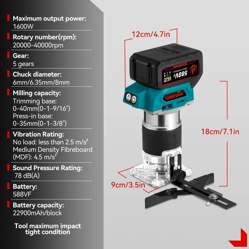 1600W Brushless Electric Hand Trimmer 5 Speeds Cordless Engraving Slotting Milling Woodworking Router For Makita 18V Battery Pin