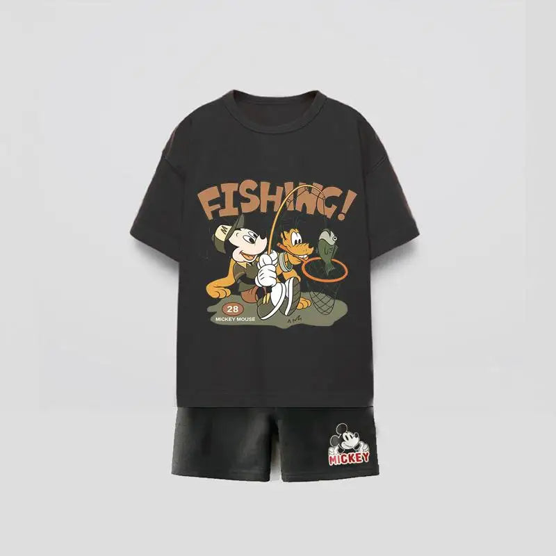 Trendy Outfits 2025 Summer Child Clothing Cute TShirt Black Shorts New Printed Tops +Shorts Boys Short Sleeve Suit Outer Wear