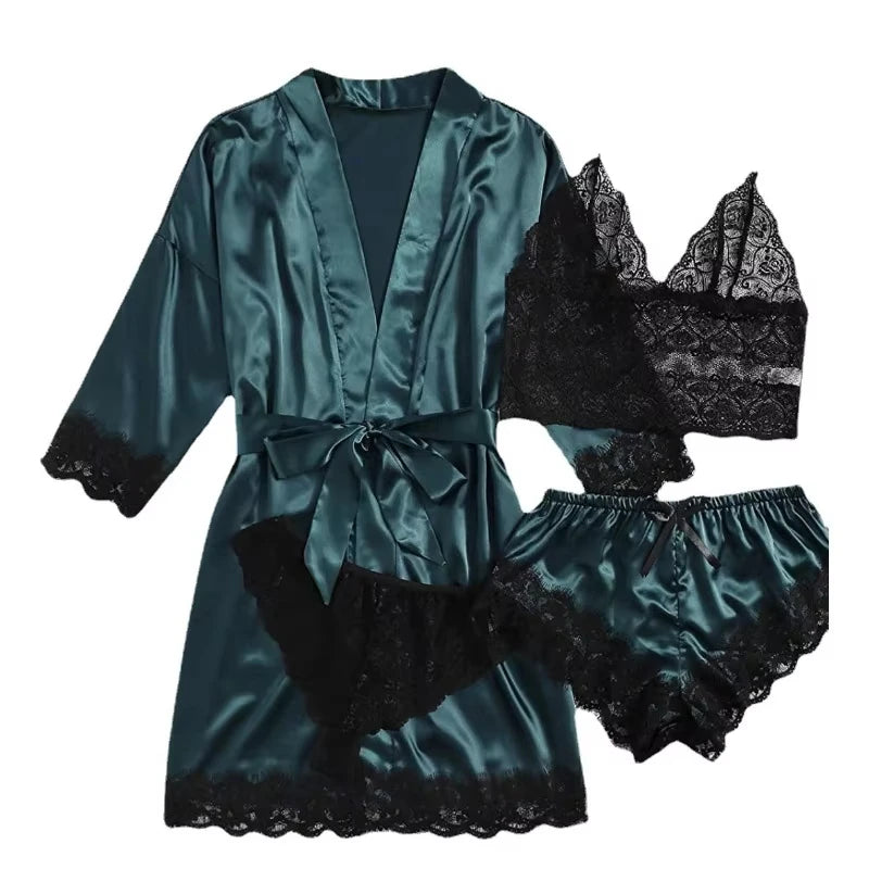 Women's Summer Sexy Pajama Pants Set 4 Pieces Lace Satin With Silk Sleepwear Robe Fashion And Comfortable Nightwear