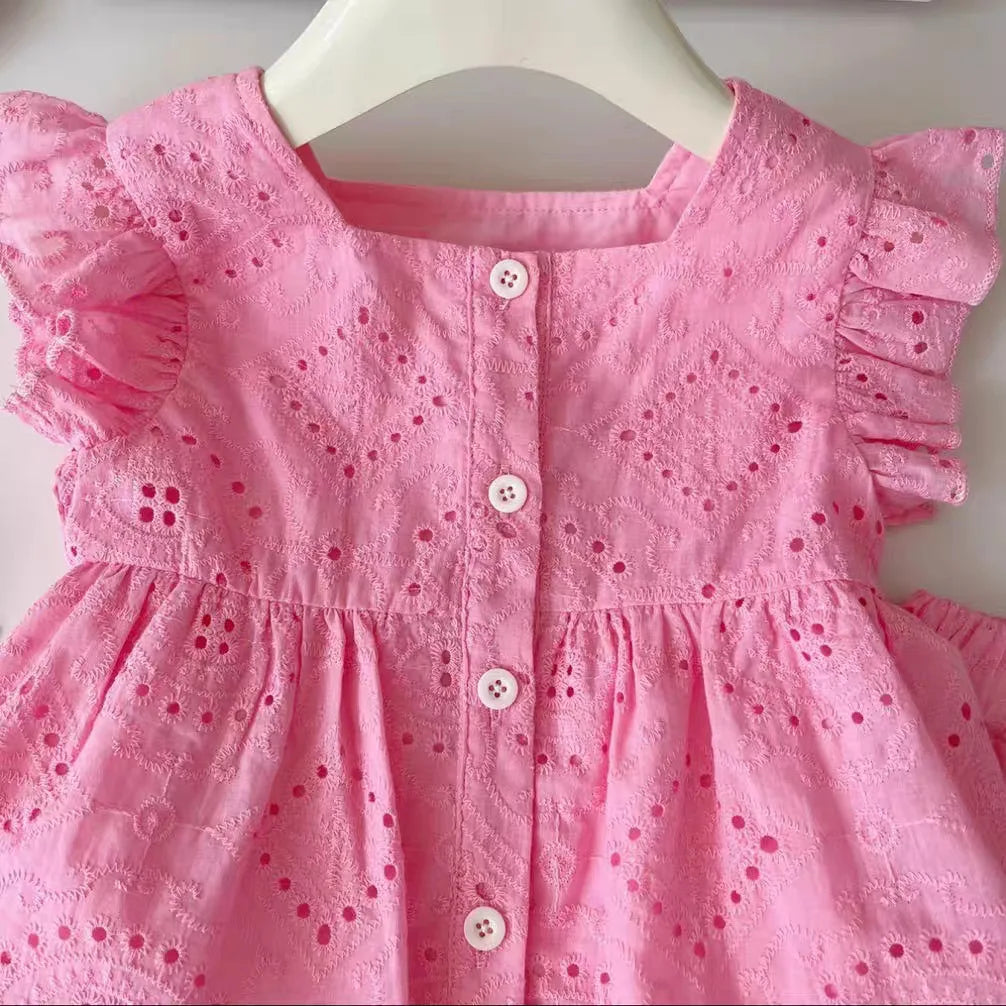 New Korean style girls' summer pink cotton suit baby hollow small flying sleeve top + shorts two-piece sweet baby girl suit