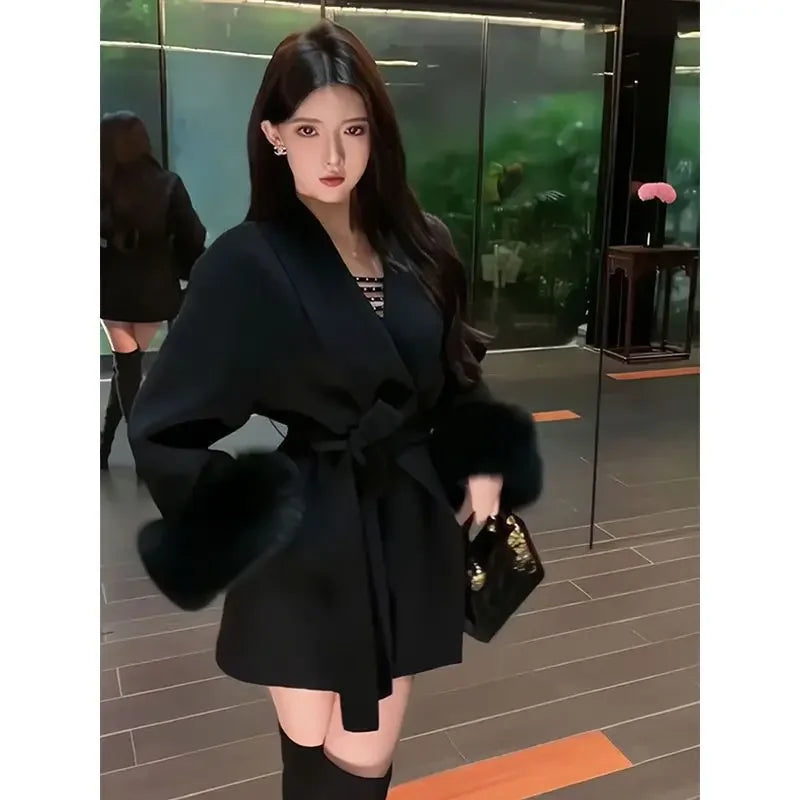Fashion Coats Women Patchwork Furry Long Sleeve Bandage Outwear Korean Y2k Clothing Slim Waist Temperament Solid Color Jackets