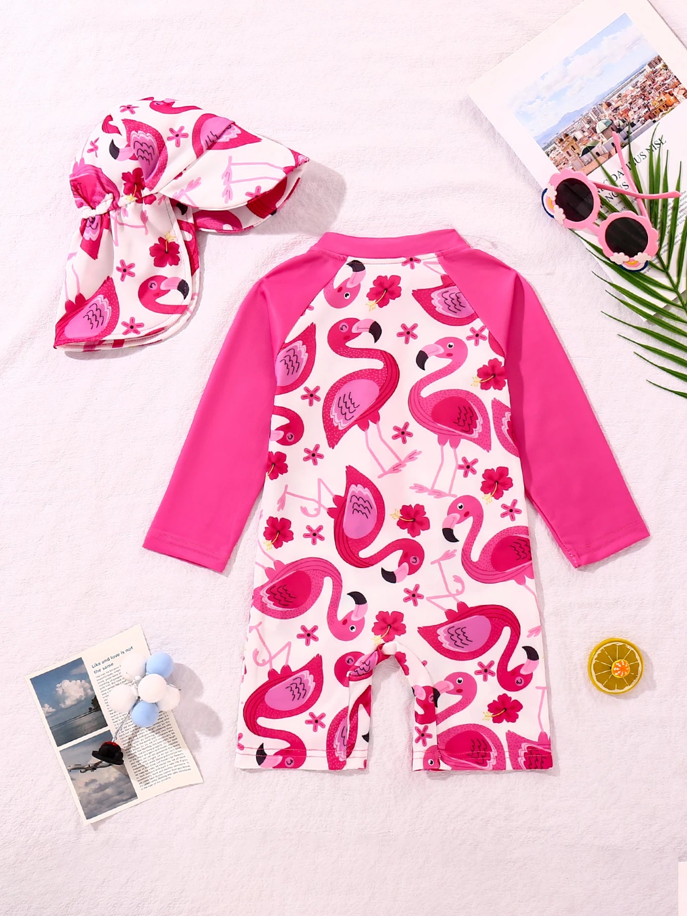 Baby Boys And Girls Cartoon Cute Full Printed Long Sleeved One-Piece Swimsuit + Swim Cap