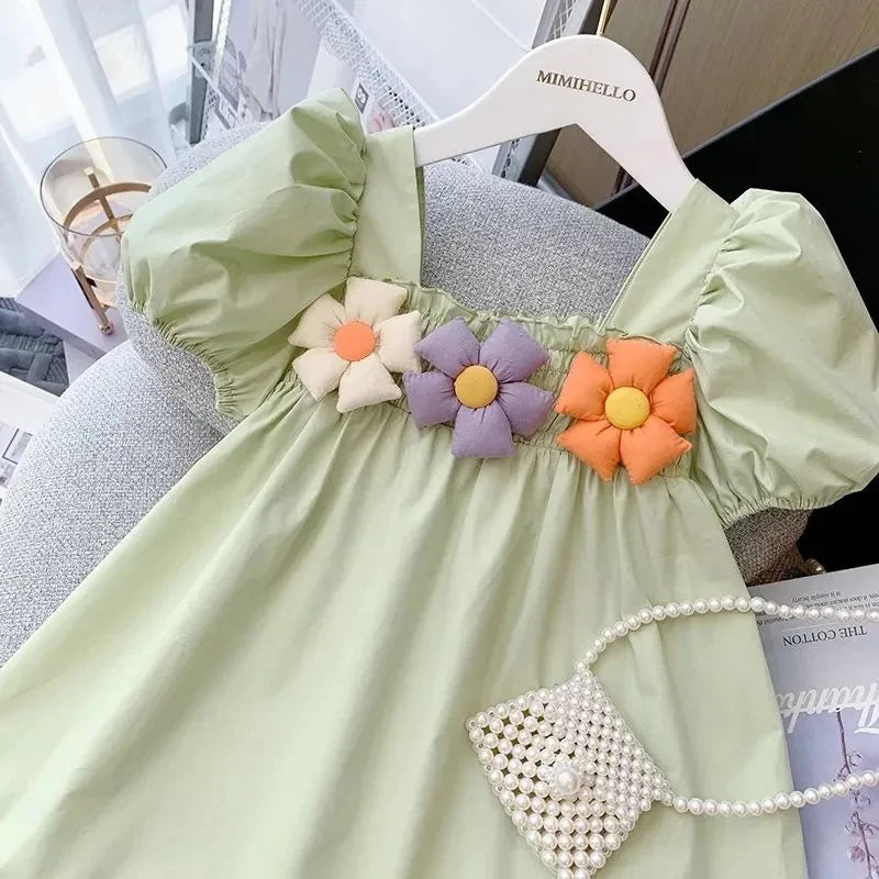 Girls Princess Dress Summer Baby Puff Sleeves Elegant Dress Children Flowers Frock Kids Birthday Party Clothing 1-9 Years Old