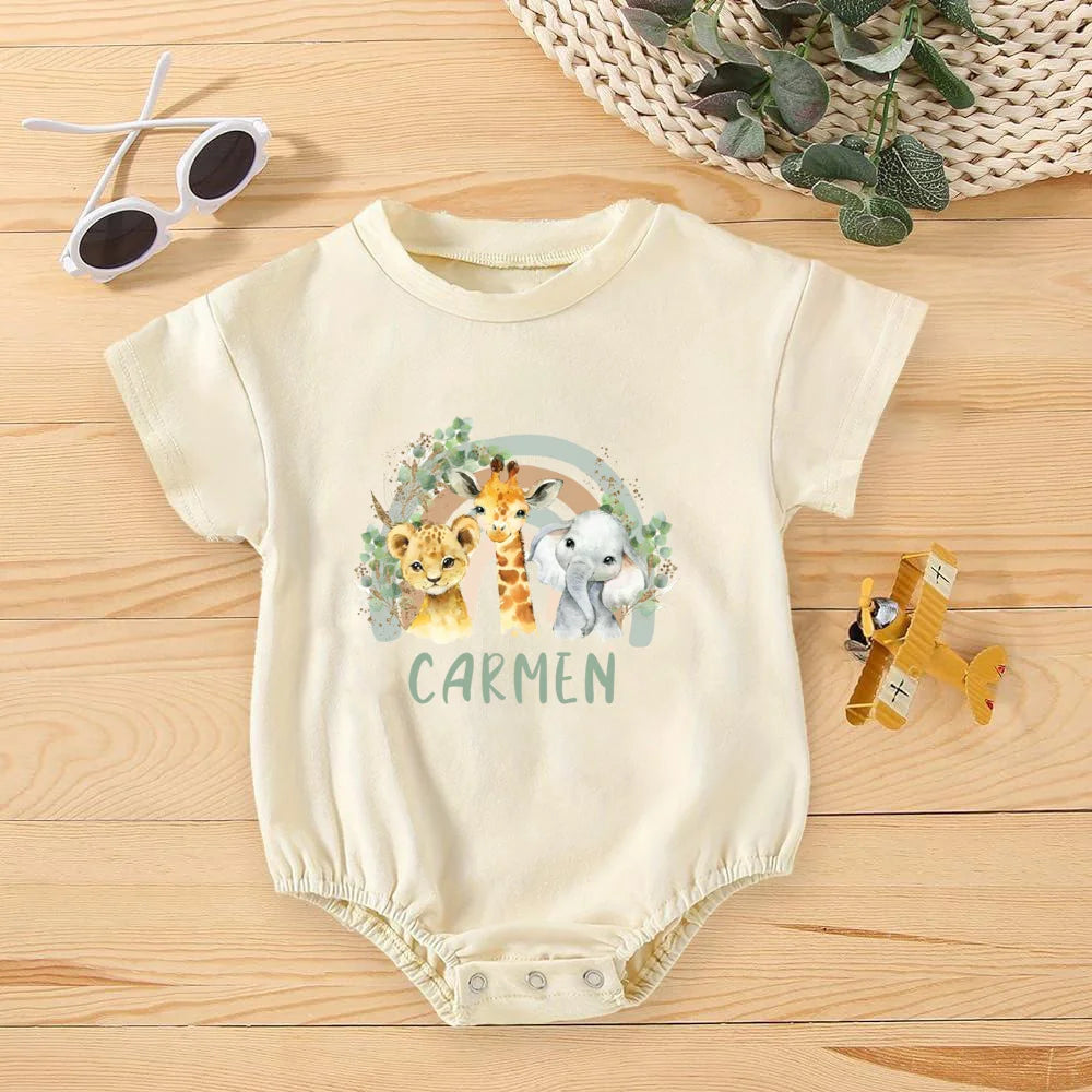Personalized Rainbow with Name Bubble Romper Infant Jungle Birthday Party Clothes Baby Oversized Bodysuit Cute Wild One Jumpsuit
