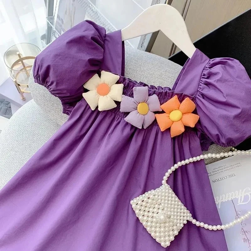 Girls Princess Dress Summer Baby Puff Sleeves Elegant Dress Children Flowers Frock Kids Birthday Party Clothing 1-9 Years Old