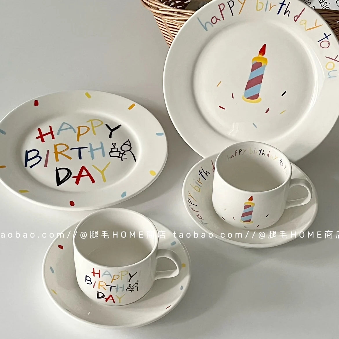 Korean Plate Designer Cute Happy Birthday Tableware Ceramic Coffee Cup Plate Dessert Cake Plate Cup Creative Birthday Gift