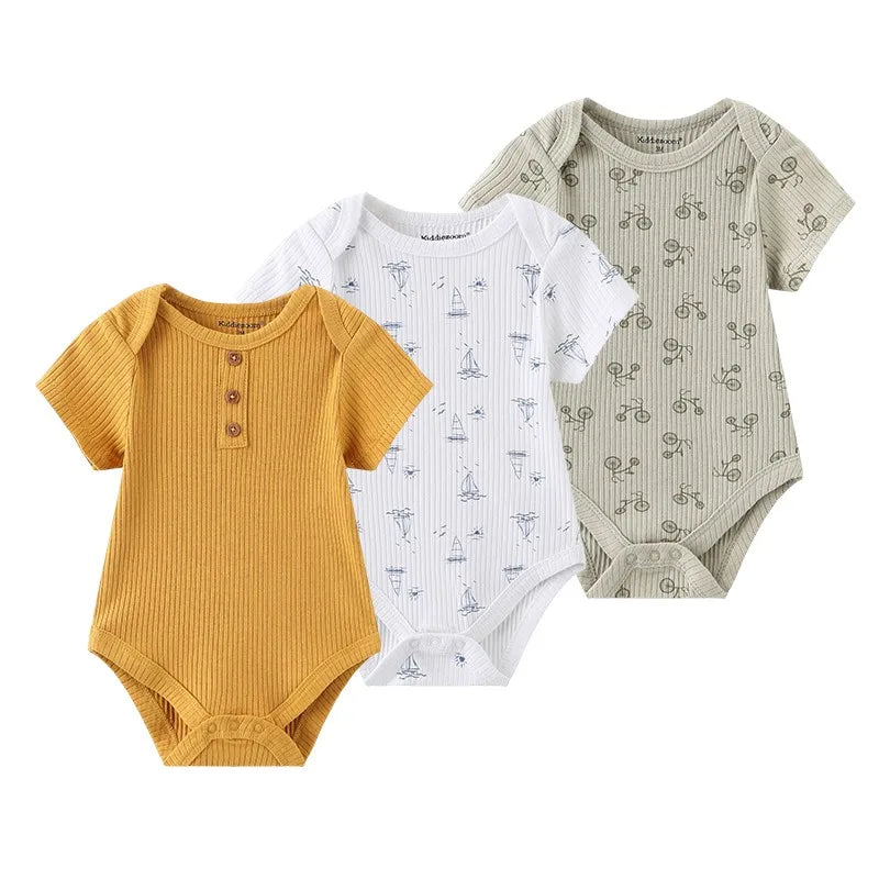 Kiddiezoom 3 PCS Fashion Summer Short Sleeve Cartoon Baby Bodysuit Cotton Newborn Boy Girl Clothes