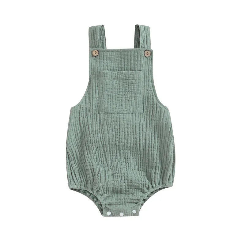 Newborn Baby Girl Boy Cotton Linen Suspender Bodysuit Summer Clothes Solid Color Sleeveless Square Neck Jumpsuit for Kids