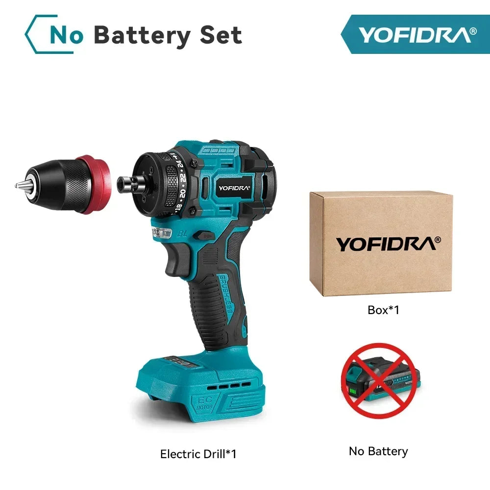 YOFIDRA 2 in1 Brushless Electric Screwdriver Hammer Cordless Drill Impact Multifunctional Power Tool For Makita 18V Battery Pin