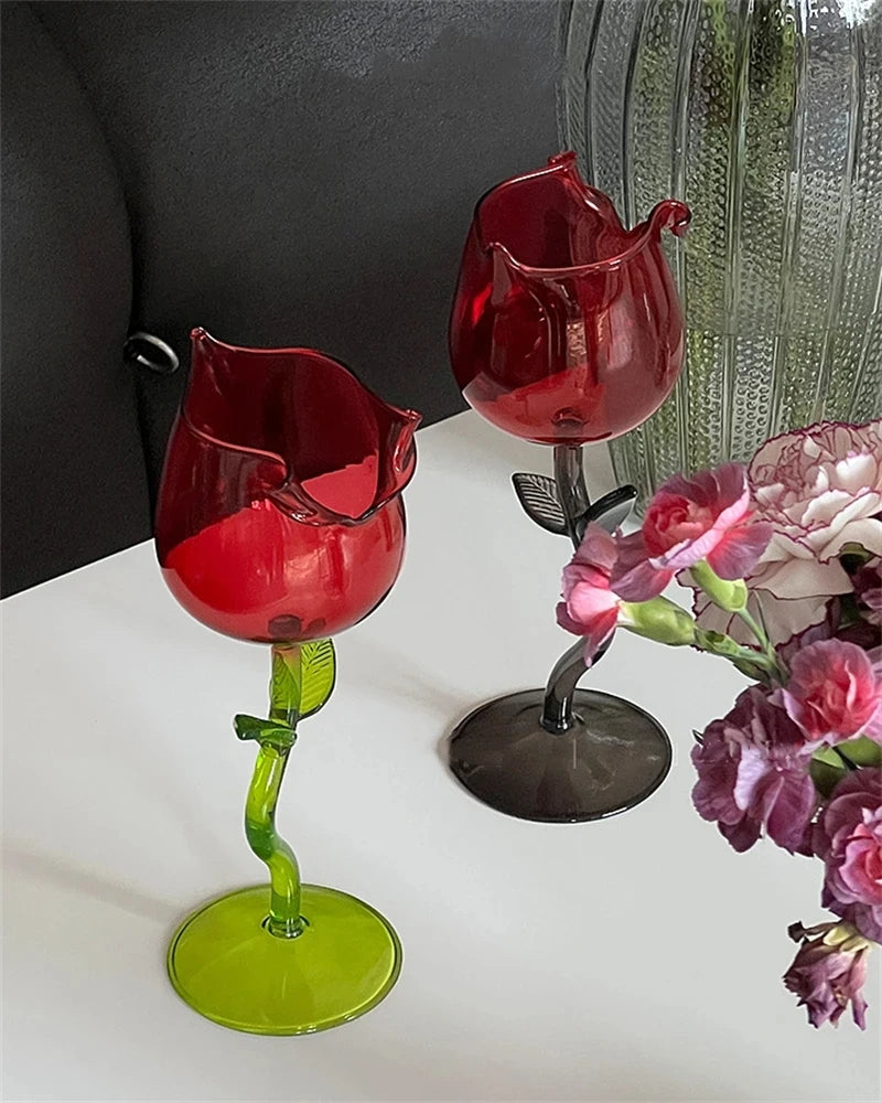 Rose Shape Transparent Glass with Transparent Leaf Cocktail Glass Valentine's Wedding Table Decoration Gift Wine Cup