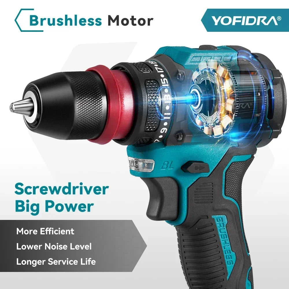 YOFIDRA 2 in1 Brushless Electric Screwdriver Hammer Cordless Drill Impact Multifunctional Power Tool For Makita 18V Battery Pin