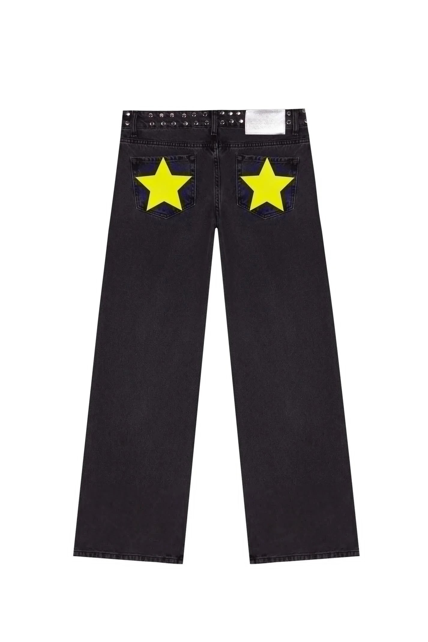 Women Y2K Vintage Jeans Patchwork Leopard Star Pattern Metal Rivet Jeans Female Baggy Casual Straight Leg Pants Women Clothing