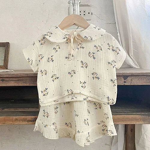 Korean Style Children Clothing Set Short Sleeved Cotton Printed T-Shirt+Shorts Newborn Baby Girls Clothing Suit For Summer