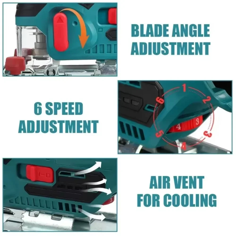 12V 80mm Cordless Brushless Jig Saw Electric Jigsaw 45 Degree Tilt Angle 6 Speed ​​Adjustable Portable Saws Metal cutting machine