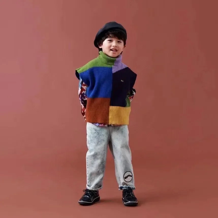 2025 Children's Autumn/Winter INS Style Girls' Cartoon Color Blocked Pullover Vest Cardigan Boys' Single Breasted Knint Sweater