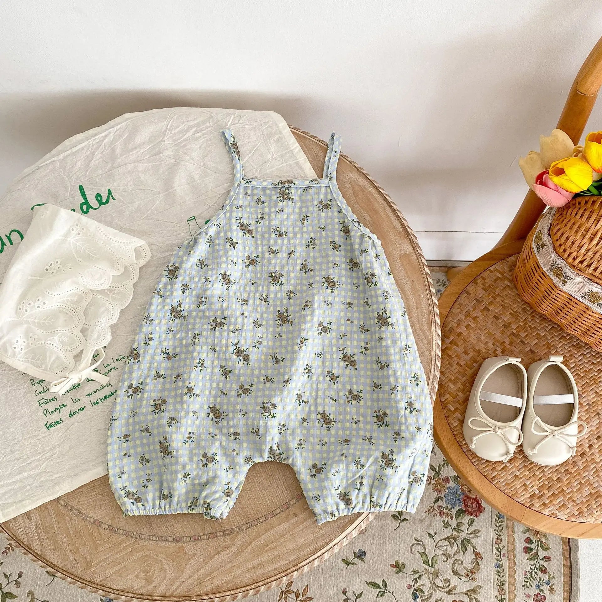 Ins summer new baby girl baby personality pure cotton versatile yarn dyed plaid printing suspender pants floral overalls pants
