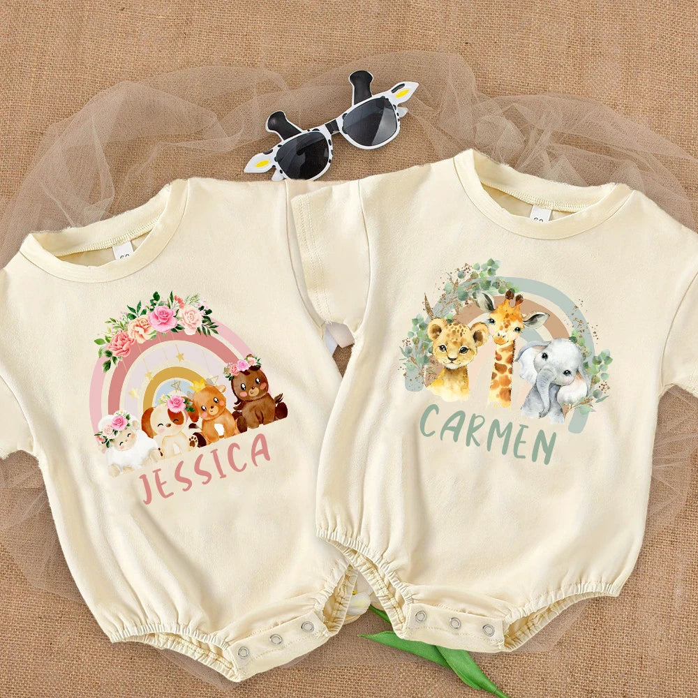 Personalized Rainbow with Name Bubble Romper Infant Jungle Birthday Party Clothes Baby Oversized Bodysuit Cute Wild One Jumpsuit