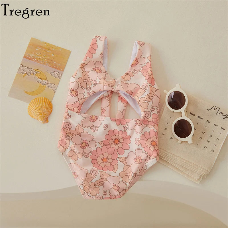 Tregren Toddler Baby Girls Swimwear Summer Sleeveless Floral/Shell Print Hollow Bathing Suit Swimming Pool Hot Spring Swimsuit