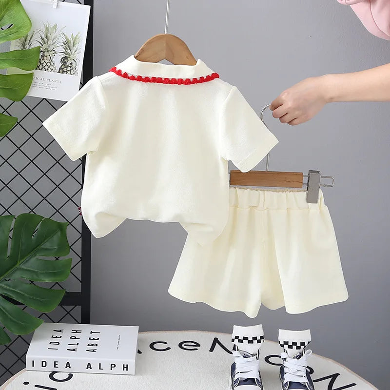 MILANCEL New Summer Kids Clothes Set Girls Cute Strawberry Polo Shirt +Shorts Children Doll Collar Outwear 2PCS