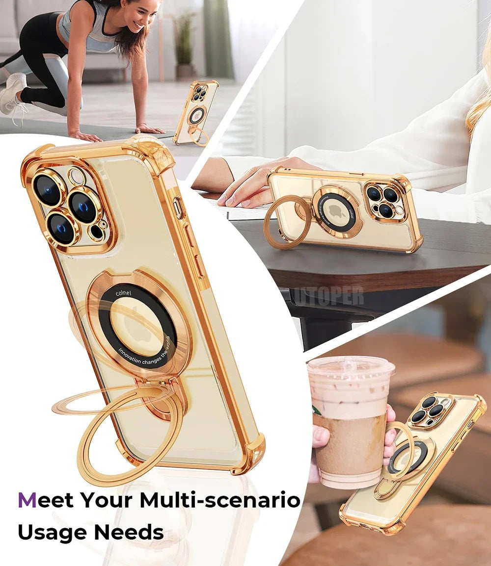 Luxury Golden Platinum TPU Ring Stand Transparent Phone Case for iPhone 16 15 14 13 11 12 Pro Max Plus - Magsafe Magnetic Protective Cover