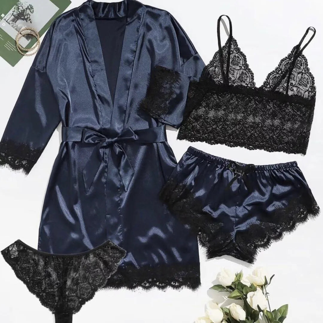 New Women's Sleepwear Set For Summer, A 4-piece Lace Camisole Home Outfit With A Robe, A Sexy V-neck Tie-sleeve Nightdress