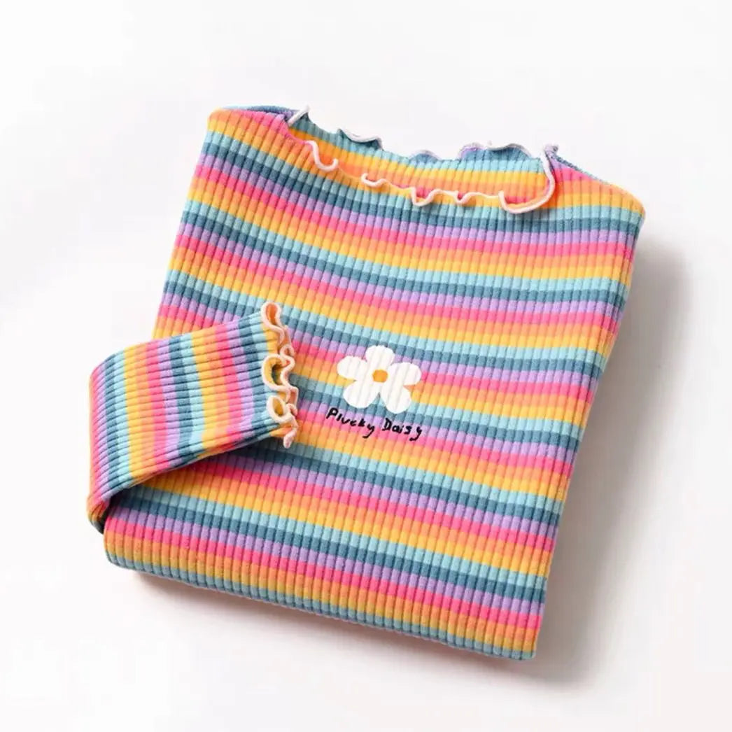 Children's T-Shirts Color Stripe Flower Printing Kids Clothes for 2 To 6 Years Girls Tshirts Boutique Outfits for Girls